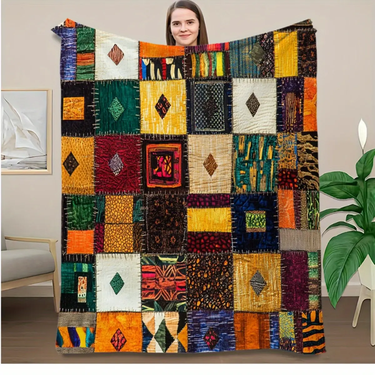 1pc Retro Geometric Patchwork Quilt Blanket - Soft Flannel Throw with Vibrant Mixed Colors, All-Season Cozy Blanket for Sofa, Bed, Camping & Travel - Durable Home Decor Gift, Bed Warmer |   Eclectic Style |   Intricate Patterns