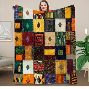 1pc Retro Geometric Patchwork Quilt Blanket - Soft Flannel Throw with Vibrant Mixed Colors, All-Season Cozy Blanket for Sofa, Bed, Camping & Travel - Durable Home Decor Gift, Bed Warmer |   Eclectic Style |   Intricate Patterns