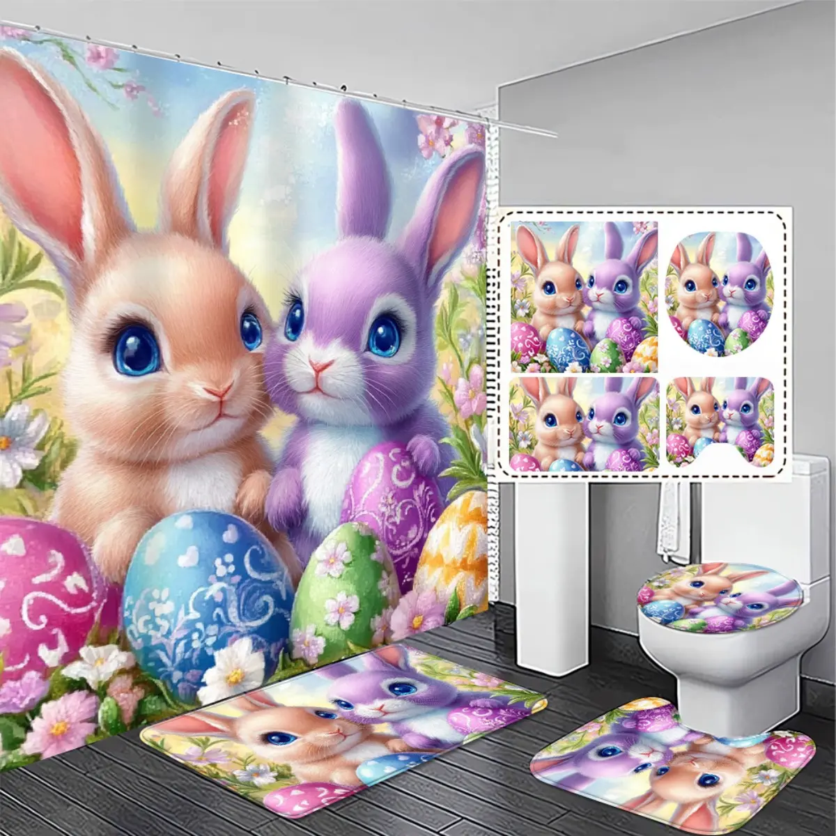 4pcs Set. Easter Bunny Themed Bathroom Set with Colorful Egg Design, 2D Flat Printing Shower Curtain and Non-Slip Bath Mats Toilet Lid Cover, Perfect for Spring Decor in Home Bathrooms Exquisite and Practical Home Decoration Gift., 2D Flat