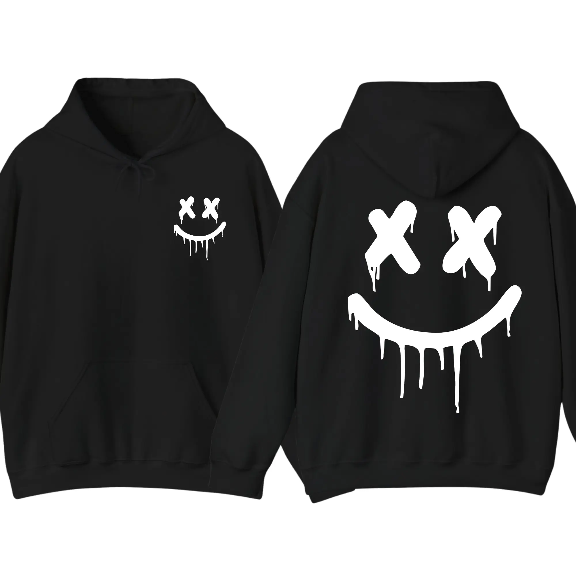 Dripping Smiley Face 2-Sided Hoodie, Minimalist Streetwear Graphic Pullover, Edgy X Eyes Smile Back Print Hoodie, Trendy Casual Unisex Streetwear Hoodie