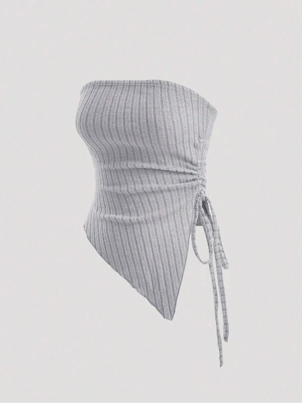 Women's Solid Ruched Backless Crop Tube Top, Casual Drawstring Asymmetrical Hem Sleeveless Top for Summer, Minimalist Women's Clothing for Daily Wear, Casual Fitted Sleeveless