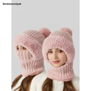 Women’s Solid Color Pom Pom Bunny Ears Beanie – Thickened Warm Knit Hat, Casual Fashion Accessory Perfect for Fall Winter Daily Commute & Outdoor Activities