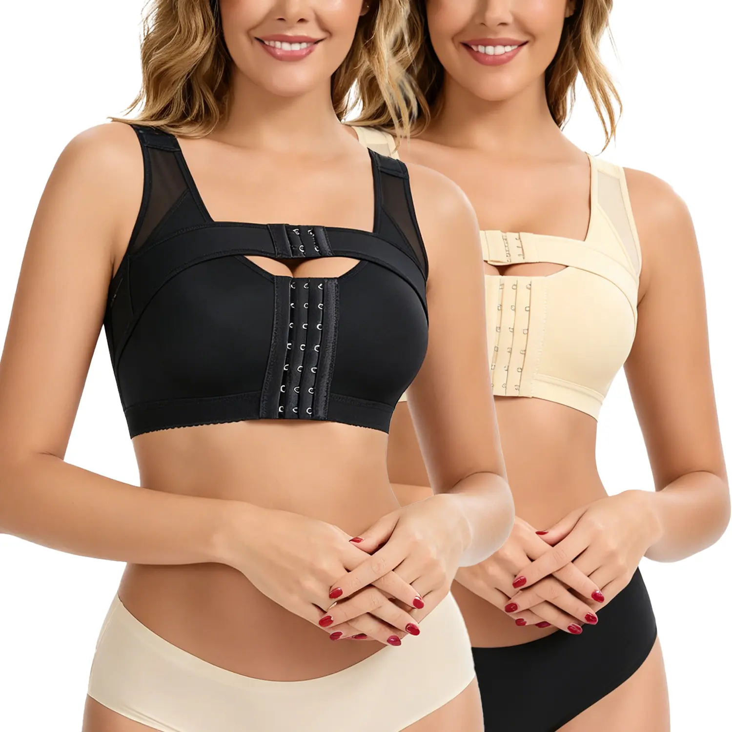Women's Front Closure Post-Surgery Nylon Compression Bra - Wirefree Adaptive Clothing with Pull-On Design, Breast Support Band, Comfy Womenswear Underwear Top
