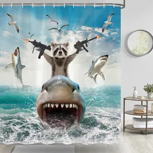 Funny Animal Shower Curtain, Cool Raccoon Riding Shark Theme Ocean Shower Curtain for Bathroom, Fun Nautical Kids Children Fabric Bath Curtain with 12 Hooks 69 x 72Inch