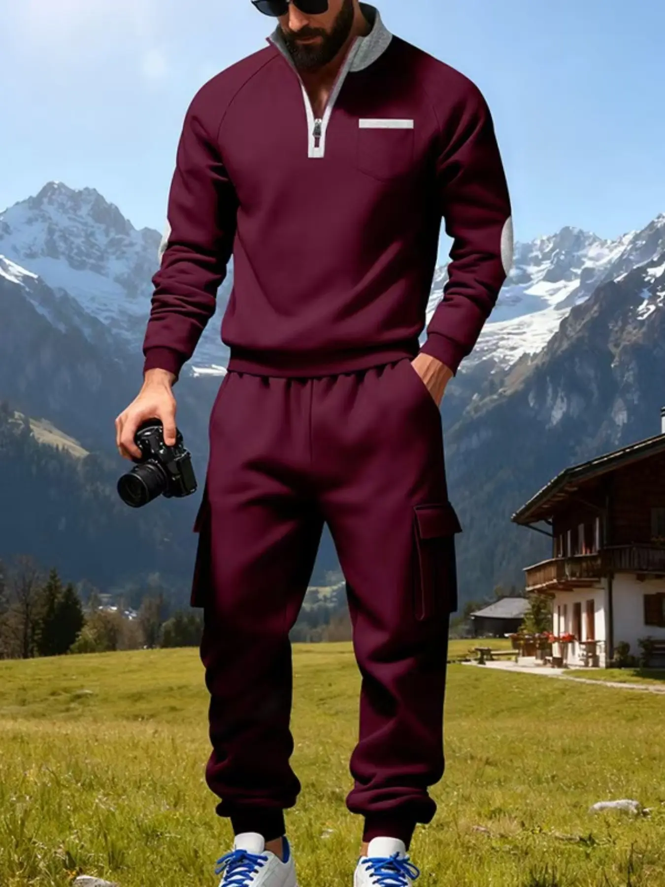 Men's autumn and winter color-blocking suit, half-zipper hoodie + workwear pants, a comfortable and trendy two-piece set for casual outdoor daily wear, suitable for Christmas, New Year and boyfriend gifts