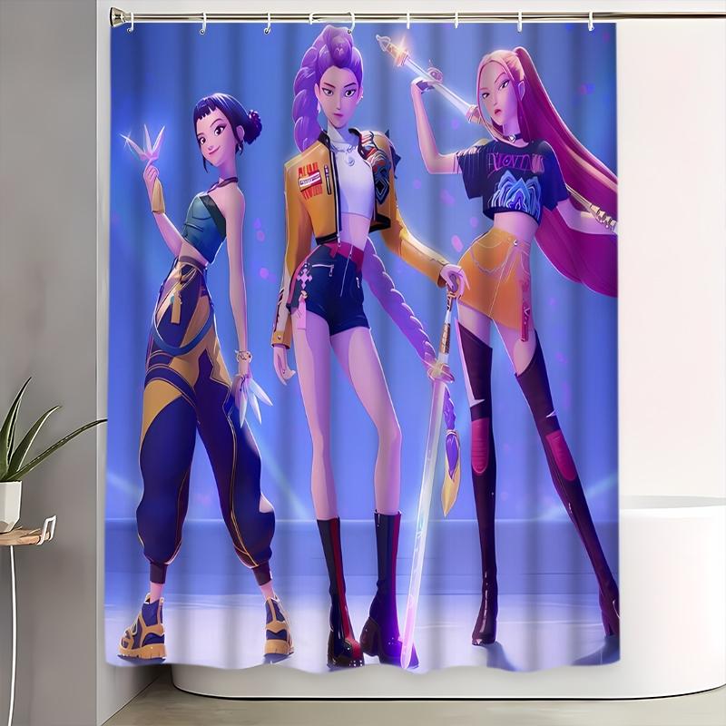 Creative Cartoon Kpop Demon Hunter Shower Curtain Set, 4-Piece Bathroom Accessories, Includes Toilet Seat Cover and Mat, Holiday Home Decor Gift, Bathroom Decoration Accessories