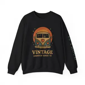 Vintage 1972 Sweatshirt | Retro Groovy Bus Crewneck | 50th Birthday Gift for Men & Women Fashion Pullover Womenswear Comfortable Comfy Fit Graphic Heart Hoodie