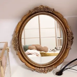 New 1pc Vintage Mirror With Embossed Floral Pattern Resin Frame In Antique Bronze Finish Wall Decorative Mirror For Living Room Study Bathroom Vanity Mirror Oval Plastic