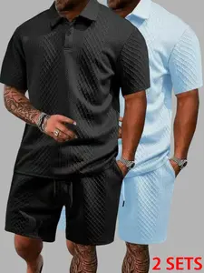 2 Pack men's knitted V-neck shirt and shorts set, casual short-sleeve polo T-shirt paired with elastic waistband shorts, lightweight and breathable summer two-piece outfit, suitable for daily wear, street style, vacation, and beach activities