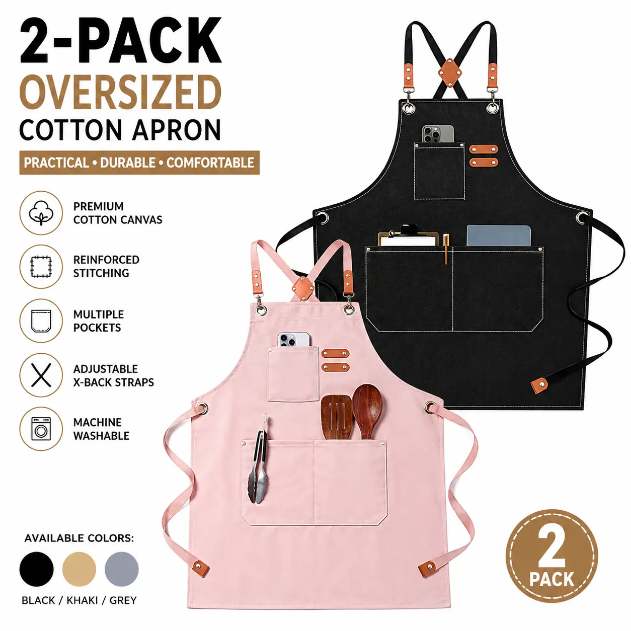 2-Pack Unisex Oversized Cotton Cross-Back Kitchen Aprons – 28"x32" Heavy Canvas Bib with Front Pockets, Adjustable X-Back Straps, Machine Washable for Cooking, BBQ, Gardening (Black/Khaki/Grey)