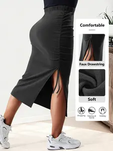 Summer Fashion Plus Size Straight Tube Dress, Side Drawstring Ruched Design, Slim Fit Casual Comfort Versatile Elegant Plain Elastic High Waist Midi Skirt