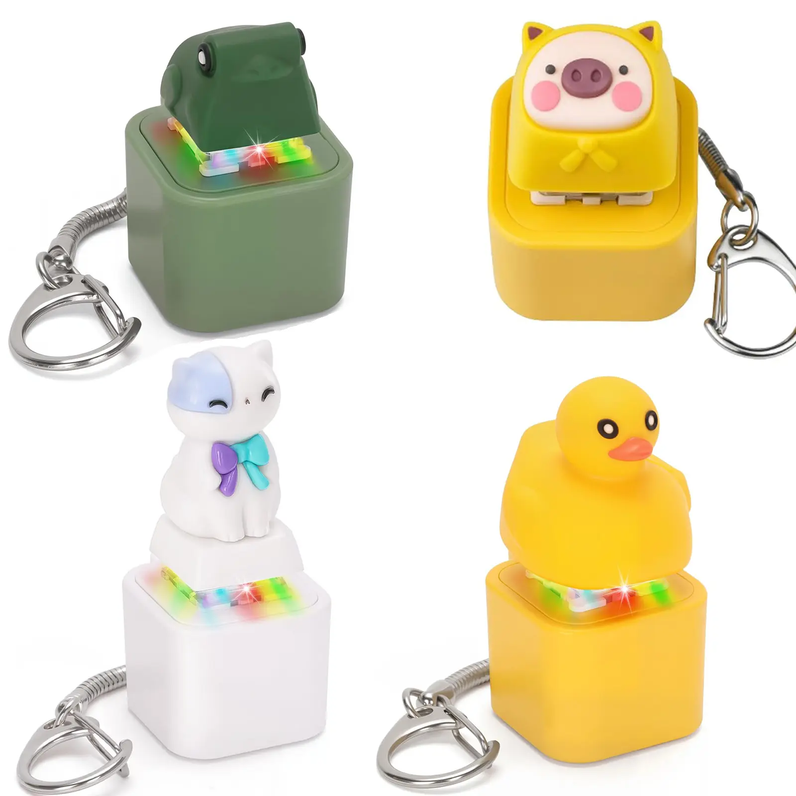 4Pcs Quacking Duck, Croaking Frog, Meowing Cat & Oinking Pig Keyboard Fidget Toys – Rechargeable Sound & LED Clicker Keychain for Stress Relief, Autism & Anxiety, Fun Portable Sensory Toy for Adult