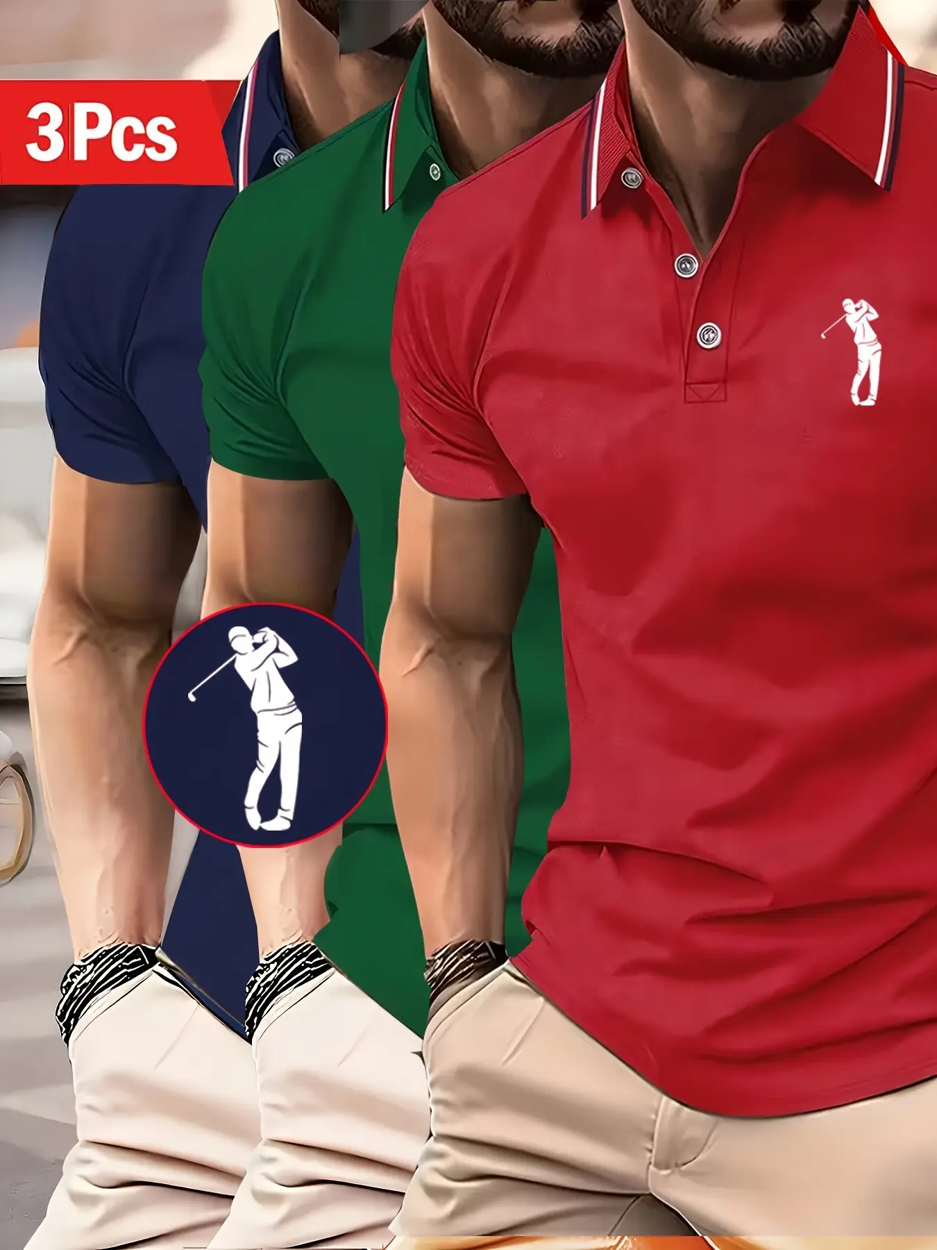 3pcs Men's Casual Loose Short Sleeve Print Polo Shirts, Comfortable Breathable, Collared Contrast Geometric, Classic Style, Ideal for Outdoor Activities, Menswear