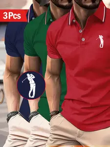 3pcs Men's Casual Loose Short Sleeve Polo Shirts, Comfortable Breathable, Collared Contrast Geometric, Classic Style, Ideal for Outdoor Activities