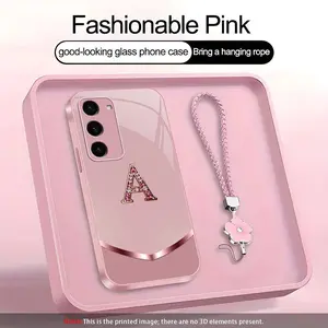 Suitable for [Galaxy S23 5g] high-end women's phone case🤩，a beautiful four-leaf clover lanyard is included🍀，simple yet sophisticated design, 26 English letters to choose from, printable patterns, non-glittery diamonds YM99