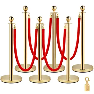 VEVOR 6 PCS Gold Stanchions Posts Stainless Steel Stanchion Queue Post Red Rope Retractable 38In for Both Indoor and Outdoor use. Flannel Set Waterproof Velvet