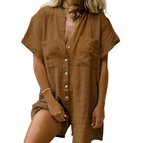 CHARTOU Women's Summer Breathable Cotton-Linen Shortalls Jumpsuit - Sleeveless Button-Front Shirt-Style Overalls, Wide Cuffed Legs, Loose-Fitting Relaxed Design, Fashion Minimalist Solid Casual Piece, 2 Chest Pockets, for Party Wear