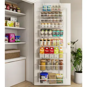 White 9-Tier Over The Door Pantry Organizer, Heavy-Duty Deep Hanging Metal Basket Storage Organizer, Wall Spice Rack Seasoning Shelves for Home Kitchen, Laundry Room Bathroom