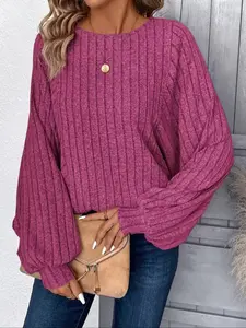 Women's Fall Winter Casual Comfortable Fitted Batwing Sleeve Knit Pullover Sweater, Round Neck Long Sleeve Top for Daily Commute & Leisure Wear, Casual Chic Knitwear