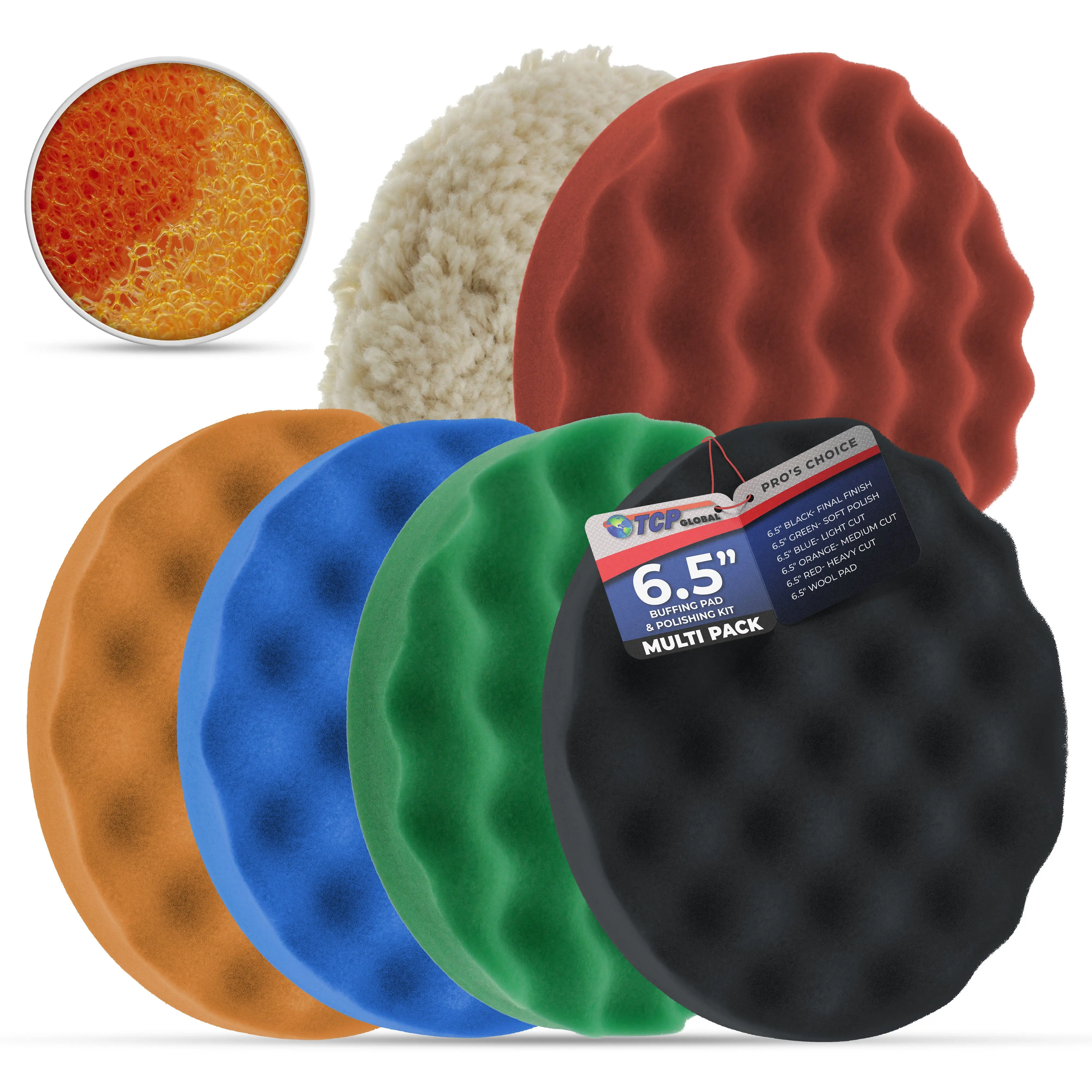 6.5 Inch Buffing Pads Set - 5 Waffle Foam Buffer Pads & 1 Wool Pad for Orbital Buffers, DA Polish Pad for Paint Correction, Polishing Kit for Auto &