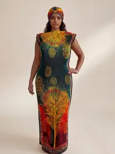 Women's Elegant Floral Print Robe Set, Multicolor Shawl Moomoo Dress + Long Headscarf Silk Scarf, Beach Sun Protection Satin Wrap