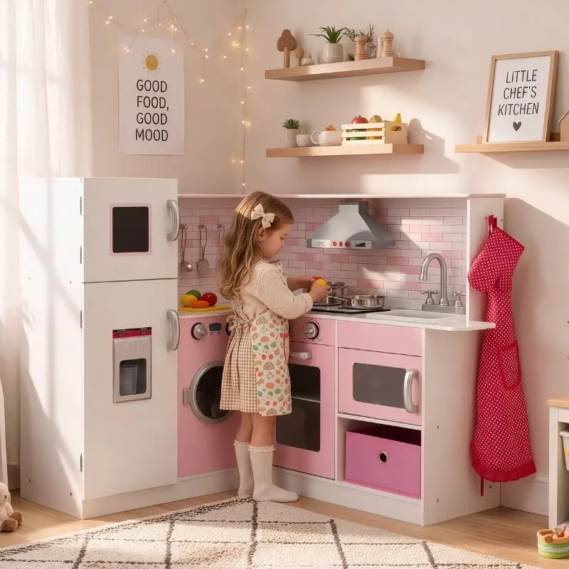 【Clearance Sale】Costzon Kids Kitchen Playset, Realistic Kitchen Cooking Toy with Simulated Sound, Removable Sink, Stovetop, Multiple Storage Cabinets,Wooden Pretend Cooking Set with Kitchen Accessories, Fun & Educational Kitchen Toy, Easy Assembly