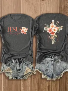 "Jesus Is The Light" Floral Cross T-Shirt - Christian Faith Graphic Tee