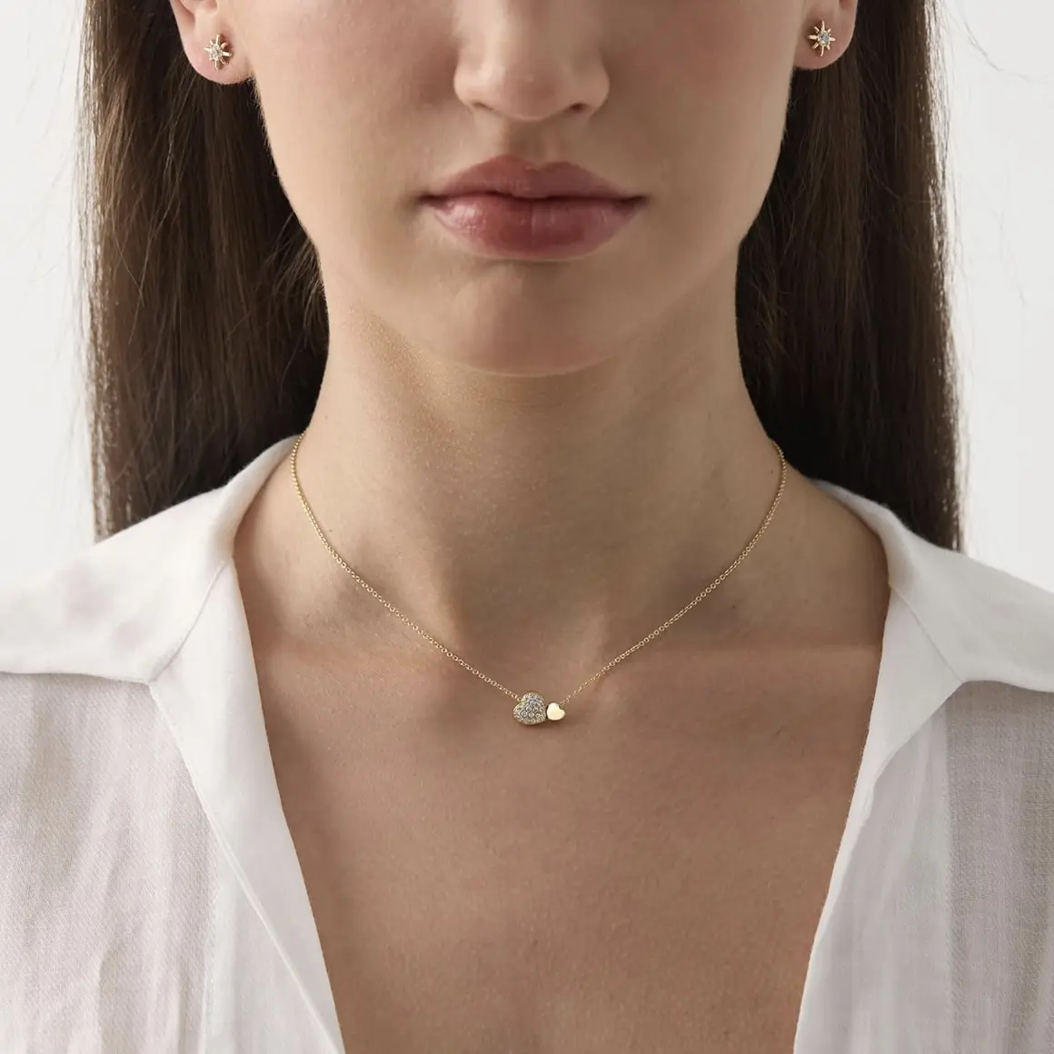 Sonline 14K gold-plated double heart-shaped necklace, inlaid with cubic zirconia, a cute and delicate heart necklace suitable for women to wear on Valentine's Day