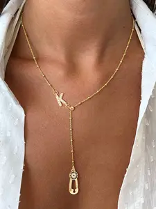 Women's Zirconia Initial Pin Pendant Necklace, Elegant Stainless Steel Bead Chain, All Season Jewelry for Women