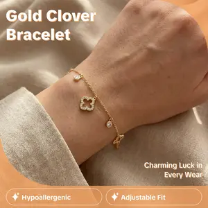 LoWei 14K Gold Clover Bracelet for Women | Dainty Lucky Four Leaf Clover Charm Bracelet for Stacking,graduation gift for girlfriend stud