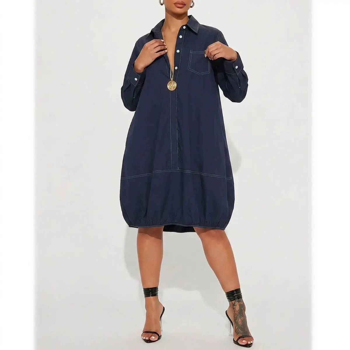 Women's Cotton Blend Collared Neck Midi Long Sleeve Vintage Dress - Buttoned Pockets, Minimalist, Soft, Loose Fit, Breathable, Machine Washable, Basic Piece, Office & Going Out Wear (Fall/Spring British Parachute Style; Broad-Shouldered Women Size Up)