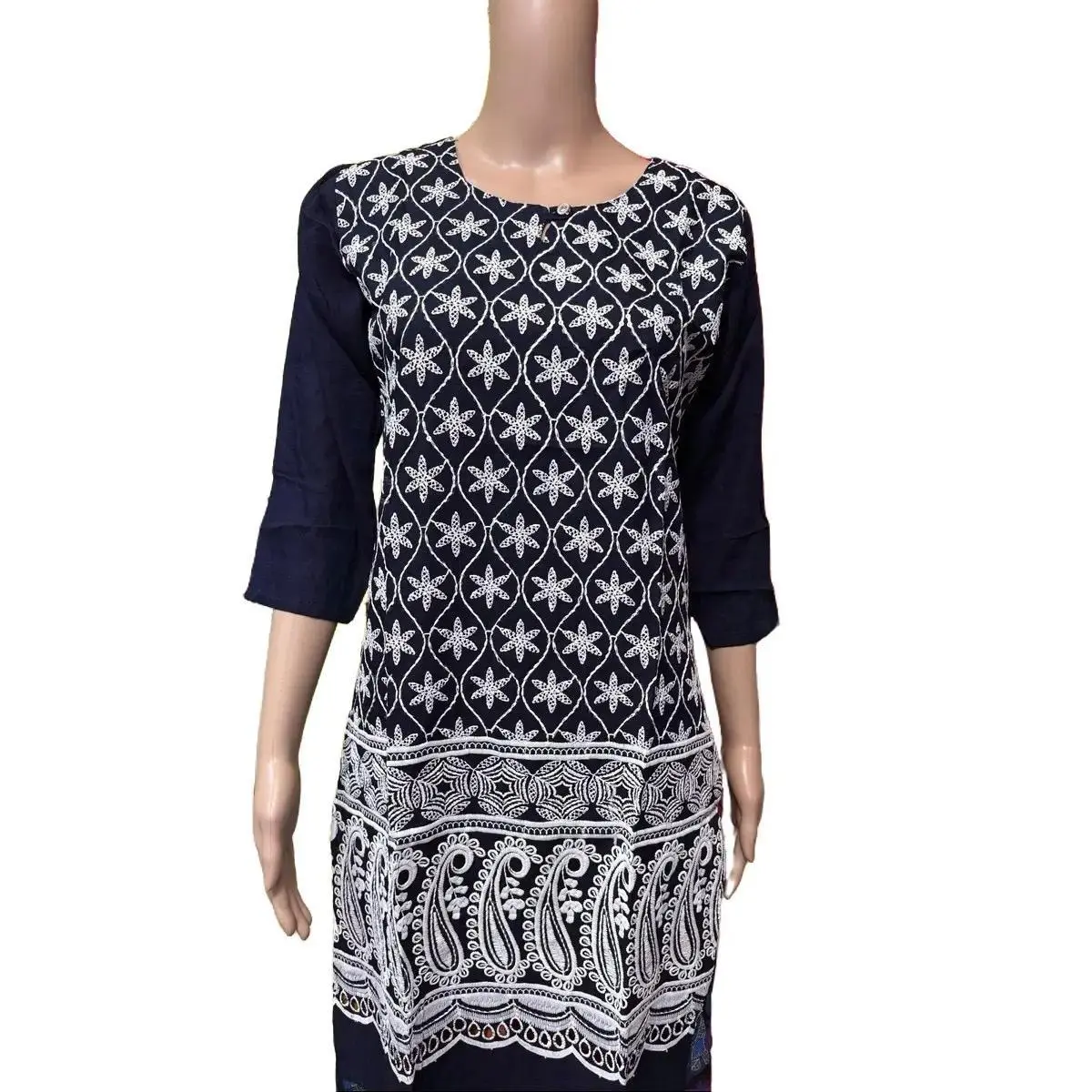 Floral Cotton Kurti Dress/Top Top-13 Navy with Embroidered Yoke & Bell Sleeves A-line Relaxed Fit for Spring/Summer Wear