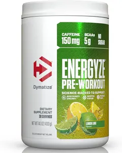 Dymatize Energyze Pre Workout Powder for Men and Women, Lemon Lime Flavor, 150mg Caffeine, 5g BCAAs, Performance Blend of L-Theanine, L-Tyrosine, L-Citrulline, No Sugar, 30 Servings