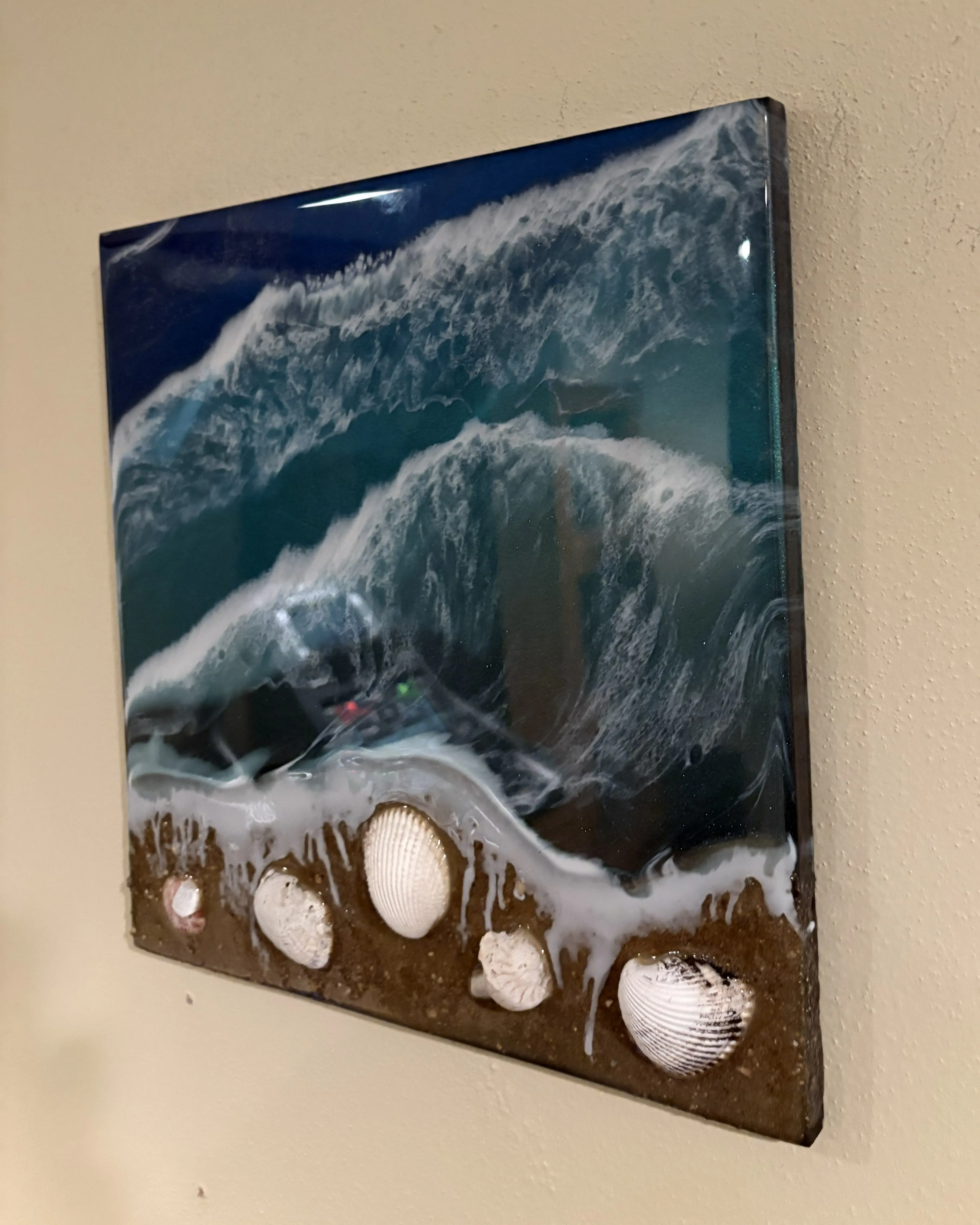 Seashell Epoxy Wall Art with Water and Waves