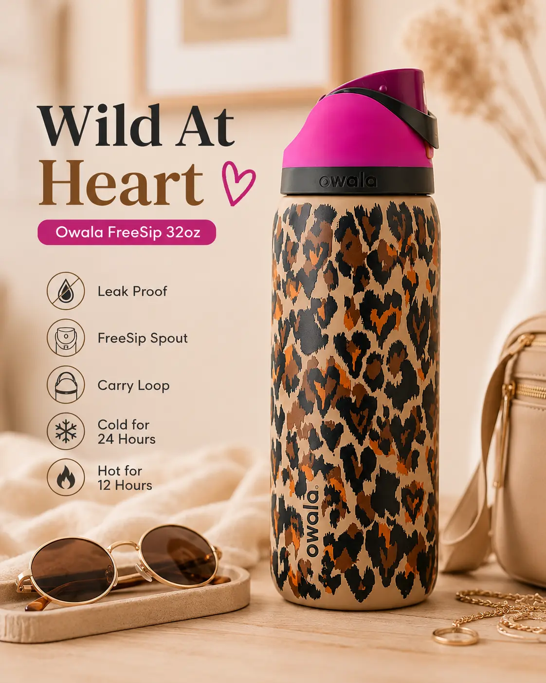 Owala Wild At Heart 32oz FreeSip Insulated Water Bottle, Leakproof Stainless Steel Sports Bottle with Straw, BPA Free Reusable Travel Flask, Cute Leopard Print Gift for Women