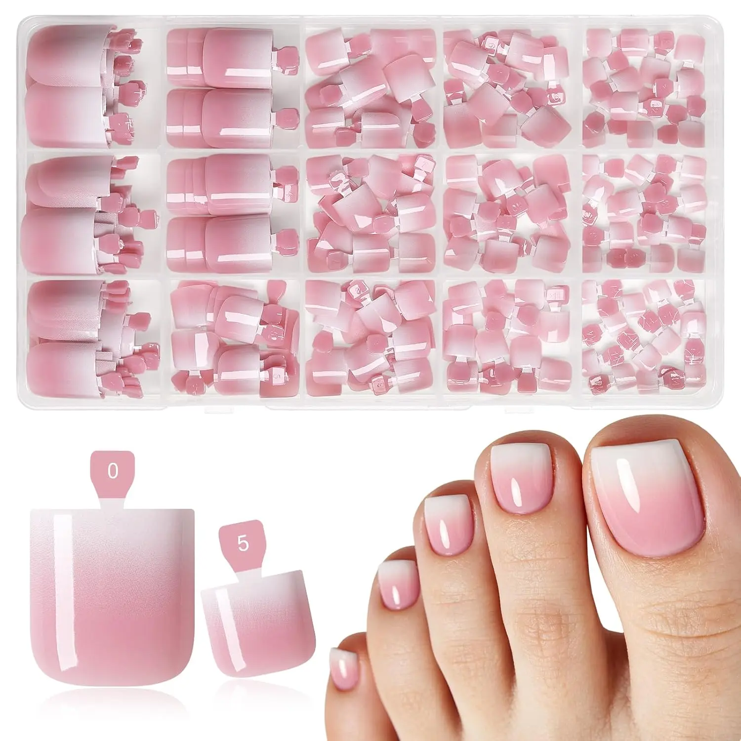 180pc Pink Press on Toenails Women Fake Toe Nail Press ons, 15 Sizes Acrylic Toenail Press-on Toes Nails Pink Gradient Fake Toenails Glue on Toe Nail Tips Pedicure False Nails for Feet