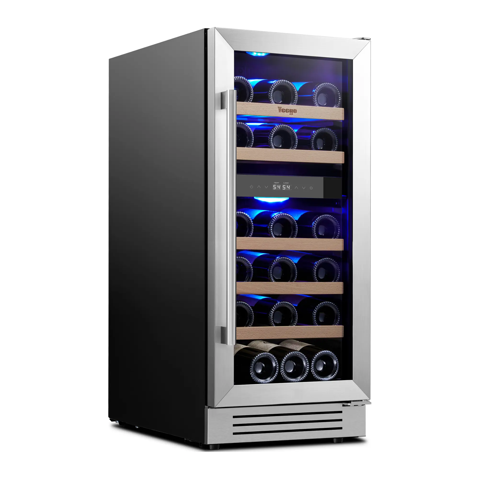 Yeego 28-Bottle Adjustable Compressor Wine Refrigerator - 15in Dual-Temp Zone, UV Protection Tempered Glass Door, Quiet, 40-65°F, Space-Saving Built-In/Freestanding Under-Counter Cooler, Auto Defrost, Factory Fixed, Beech Wood Accents, for Home