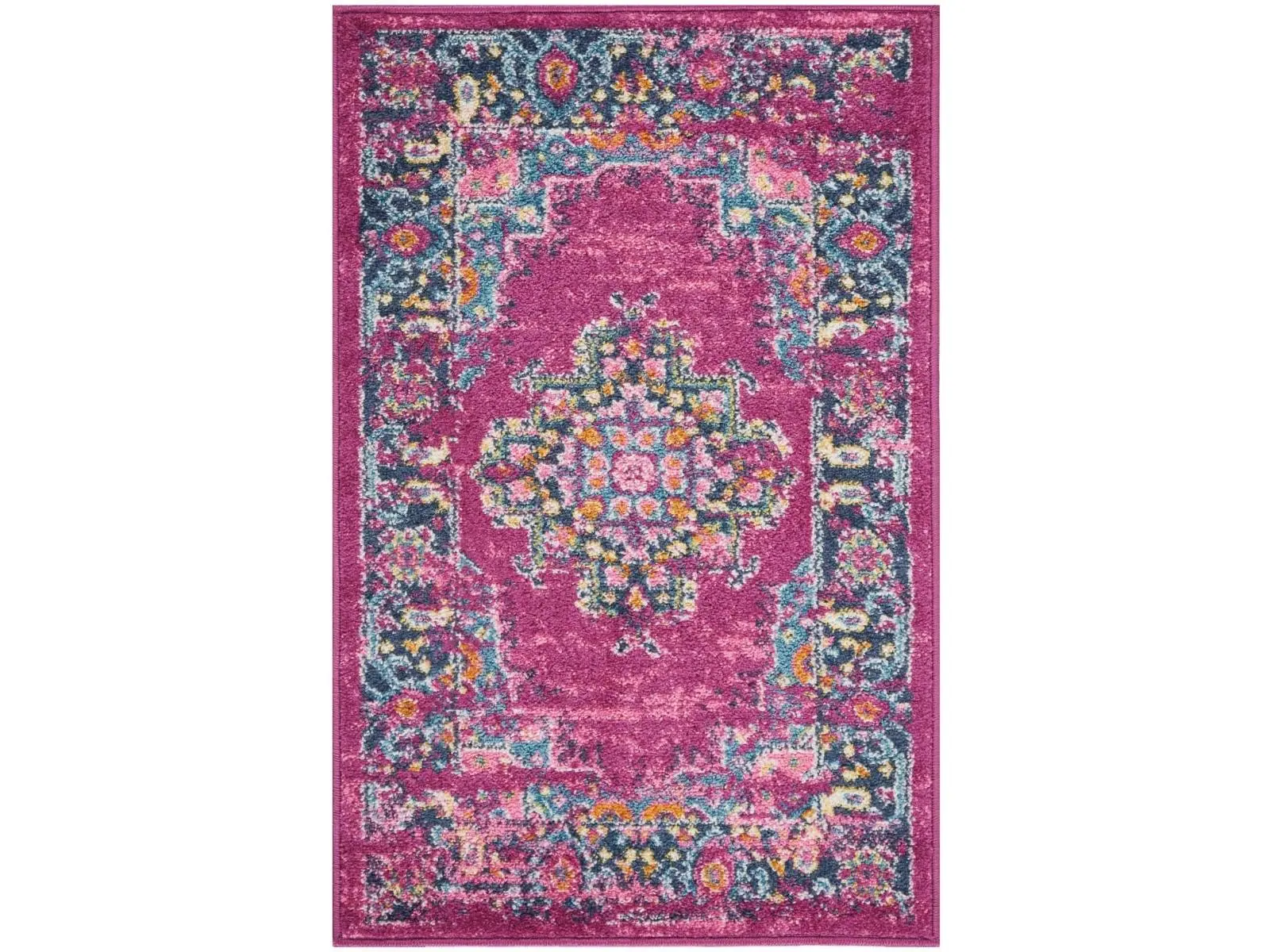 212 MAIN Powerloomed Stain-Resistant Floral Area Rug - 2 x 3 ft. Fuchsia & Blue Distressed Transitional Traditional Look Soft Cut Pile Indoor Use Scatter Rug