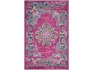 212 MAIN Powerloomed Stain-Resistant Floral Area Rug - 2 x 3 ft. Fuchsia & Blue Distressed Transitional Traditional Look Soft Cut Pile Indoor Use Scatter Rug