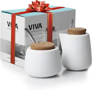 Viva Nicola Charcoal Sugar and Creamer Set, Porcelain Cream and Sugar Set with Cork Lid & Spoon, 7oz / 200ml Coffee Serving Set for Coffee Bar, Tea Station & Countertop Ideal for Mothers Day Gift