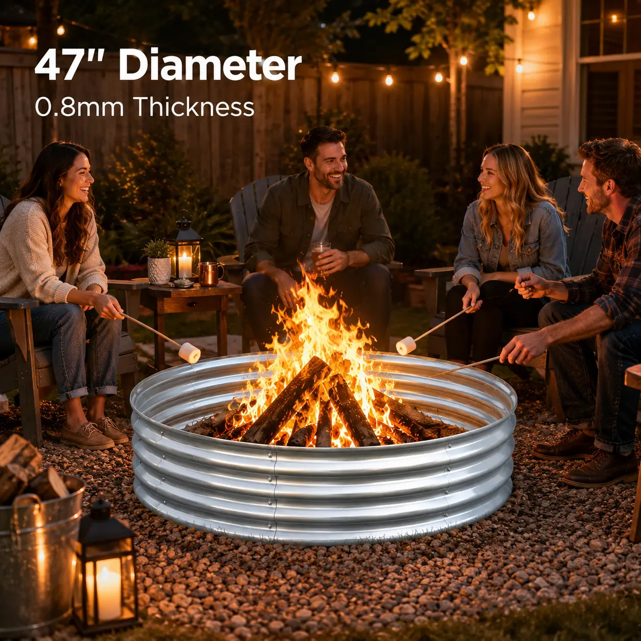 Galvanized Steel Fire Pit Ring & Raised Garden Bed Kit - 47-in Diameter, 1-ft Tall, 0.8-mm Thick Wavy Design with Foldable Edges & Rounded Corners, Includes Gloves, Outdoor Wood-Burning Fireplace Liner for Backyard, Camping