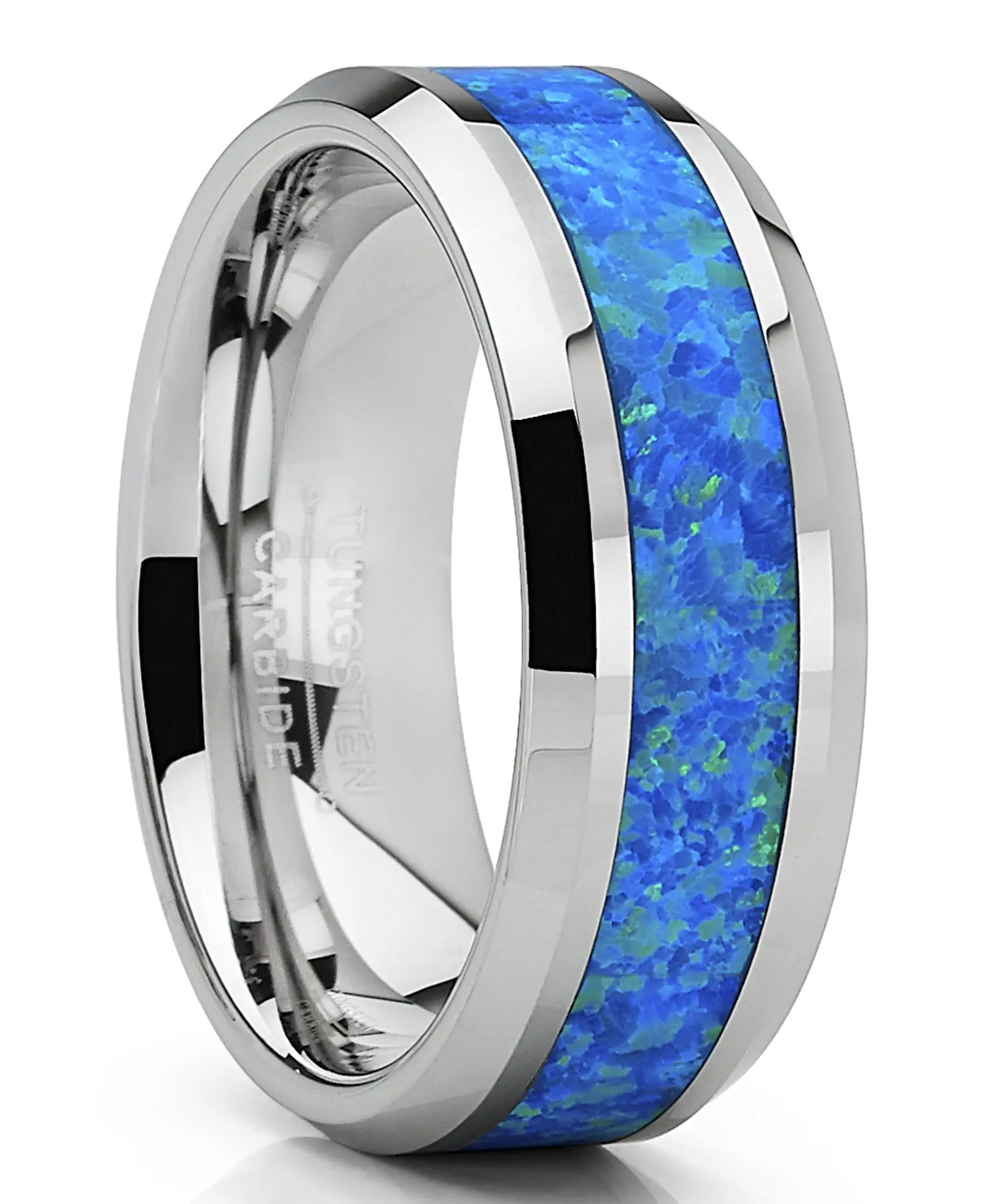 Men's Hypoallergenic Tungsten Carbide Wedding Band - Male 8mm Elegant Ring with Inlaid Blue Green Simulated Opal, Mens Wedding Bands