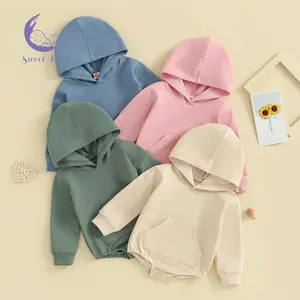 Baby Hooded Romper Long Sleeve Front Pocket Solid Color Bodysuit Newborn Playsuit