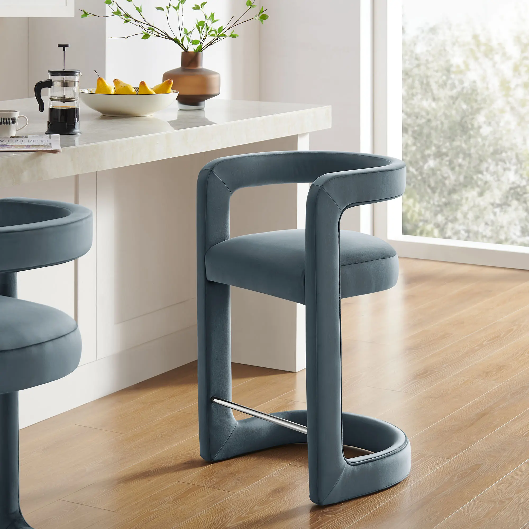 Winslow Performance Velvet Cushioned Counter Stool, Cadet Blue Indoor Furniture with Footrest Stool Feature, Cushioned Stool, Foot Rest Stool