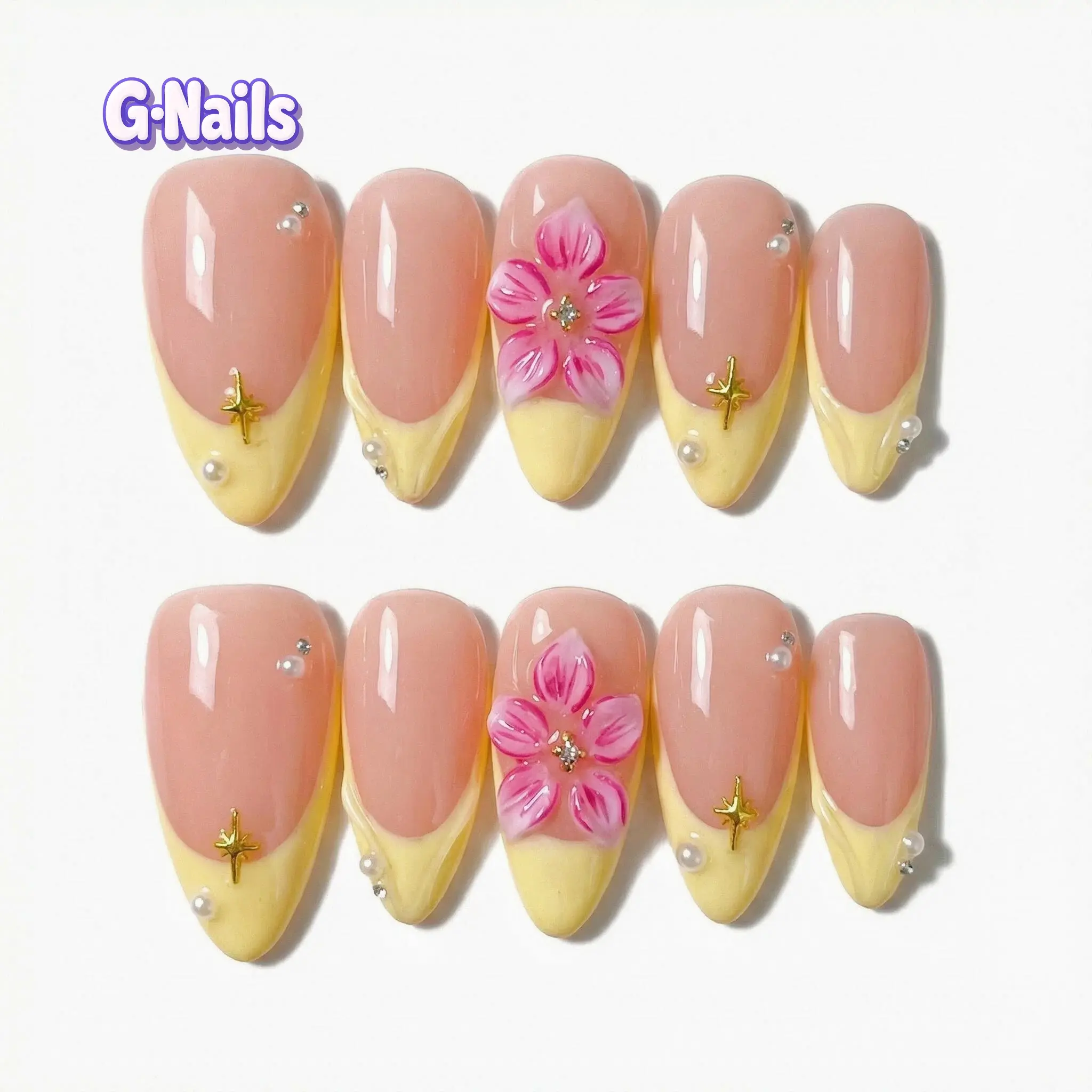G Nails B03 Spring Yellow 3D Floral 10pcs Handmade Press On Nails with Glue & Tool Kit for Everyday Spring Manicure Women Pinknails Almondnails Reusablenails Springnails, Nail Art Design, Press On Nails (With Basic Tool Kit)
