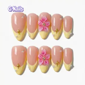 G Nails B03 Spring Yellow 3D Floral 10pcs Handmade Press On Nails with Glue & Tool Kit for Everyday Spring Manicure Women Pinknails Almondnails Reusablenails Springnails