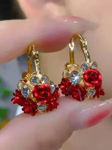 1pair 2pcs Vibrant Flower Basket Red Rose Shaped Earrings For Women