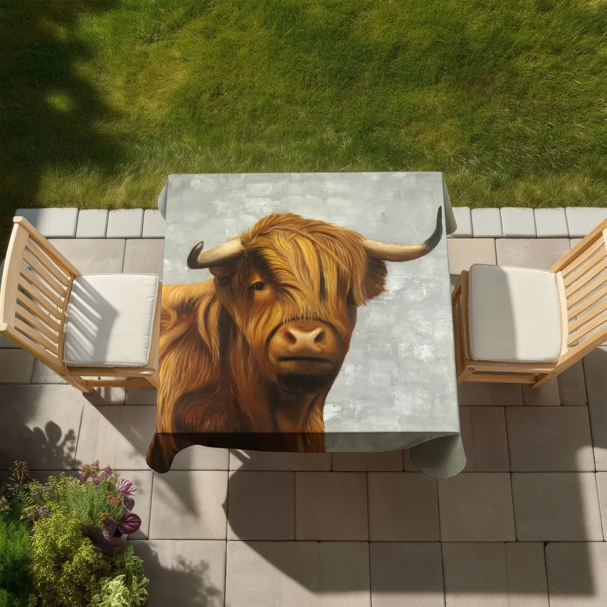 360 stand Rustic Brown Highland Cattle Square Tablecloth - 58x58 in, Easy-Care Stain-Resist Material, Country Vibe, Indoor/Outdoor Kitchen Linen Decor, Picnic Use (C1TC5858V7RPR8), Animals, Gatherings, Home