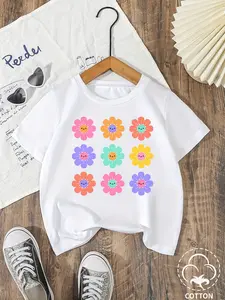 Girls' Cute Floral Grid Print T-Shirt | Soft Stretchy Cotton School Top | Trendy Crewneck Tee for Back to School | Comfy Round Neck Short Sleeve | Perfect Gift for Teens tops school Cute Summer Tshirt Graphic Printed Tee shirts for girls