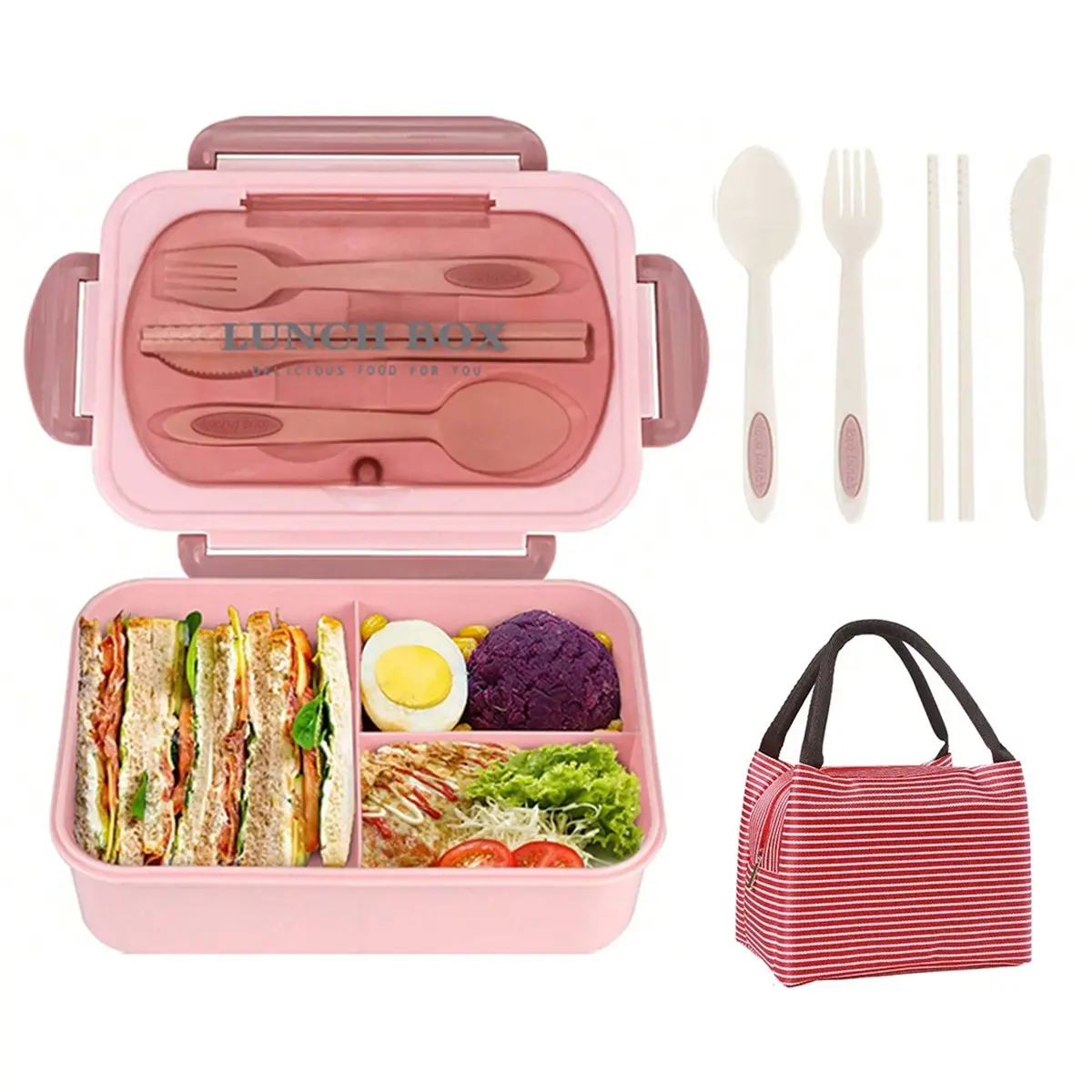 Stylish Durable Plastic Lunch Box, 1200ml Microwaveable Meal Prep Container for Office & Travel with Handle, Bag & 4-Piece Cutlery Set, Reusable